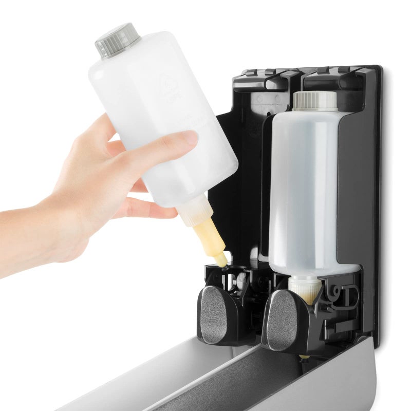 EZPULL Duo Wall Mounted Shampoo Soap Shower Dispensers with 2x350ml Refillable Bottles, White/Silver - Image 5